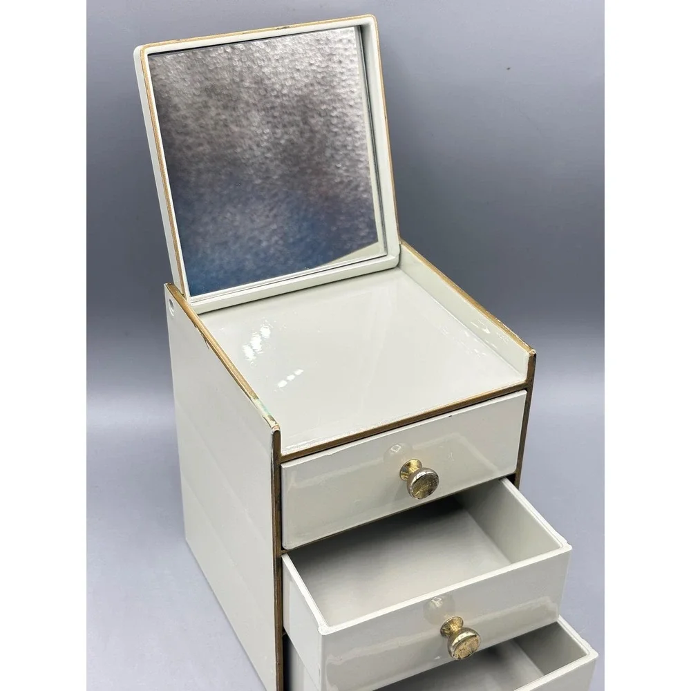 Vintage Otagiri Japan‎ Grand Iris Jewelry Box 3 Drawer Mirror Cream Lacquerware